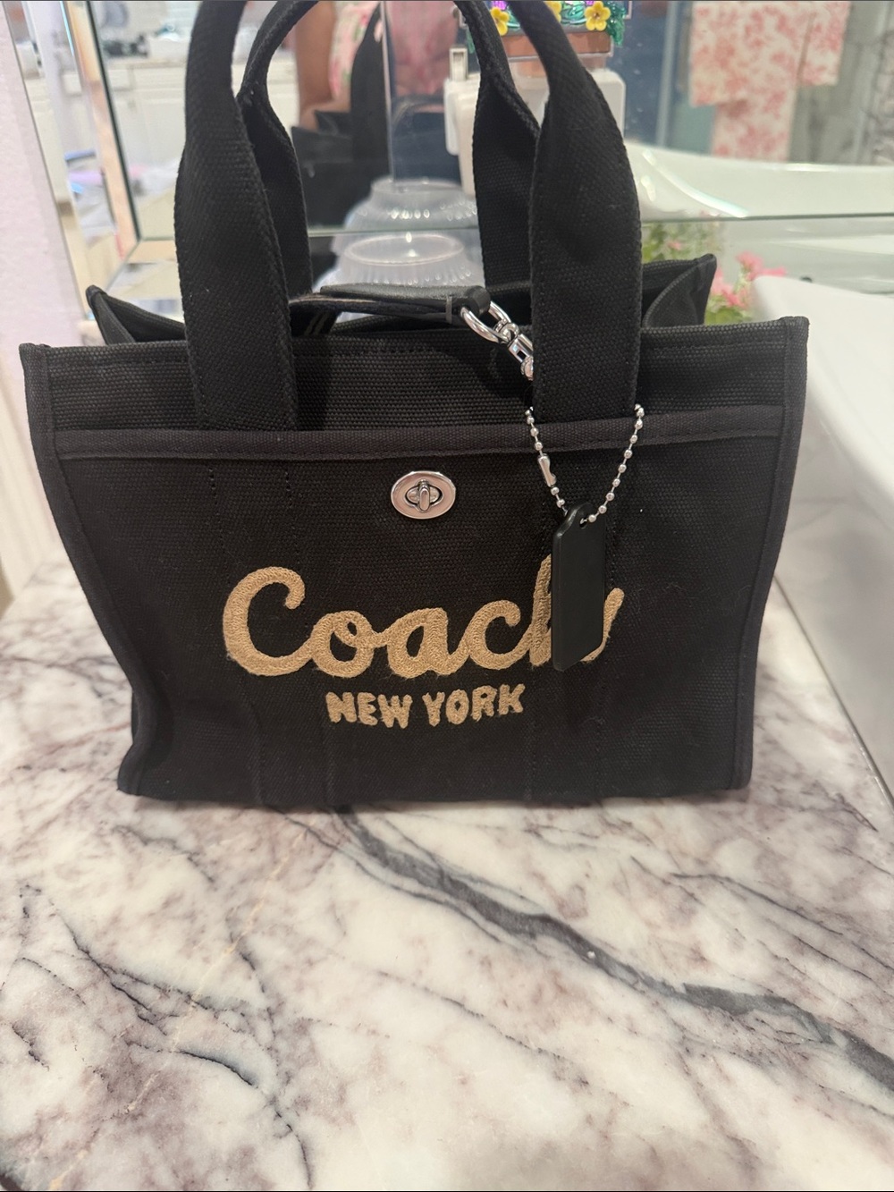 Coach Black Canvas Tote with Gold Logo Embroidery